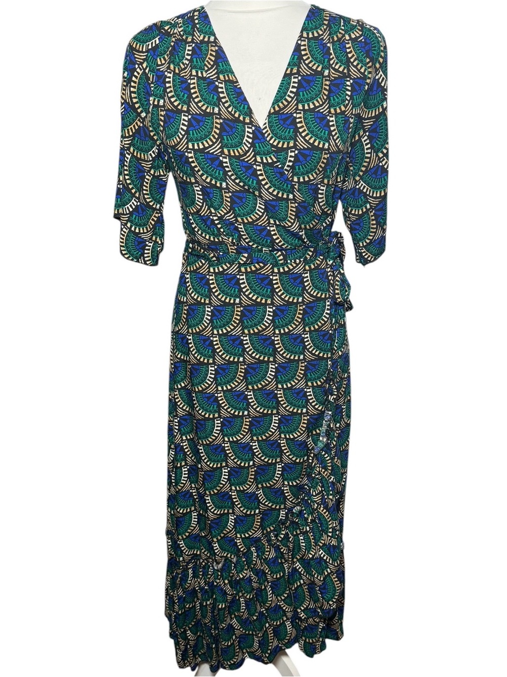 Silk & Salt Journey Maxi Wrap Dress African Peacock Print Green Blue Size Small